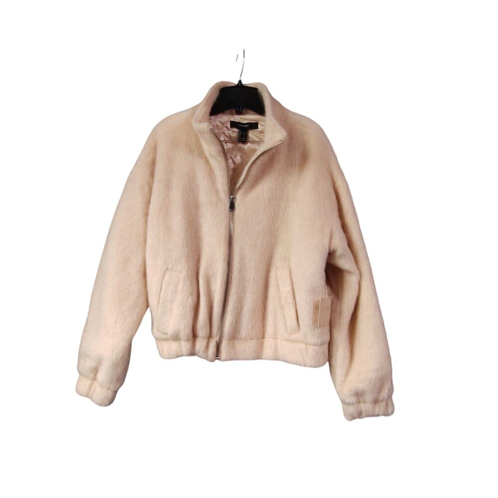 Forever 21 Winter Cropped Jacket Dropped Shoulder Faux Fur Large Pink/Beige
